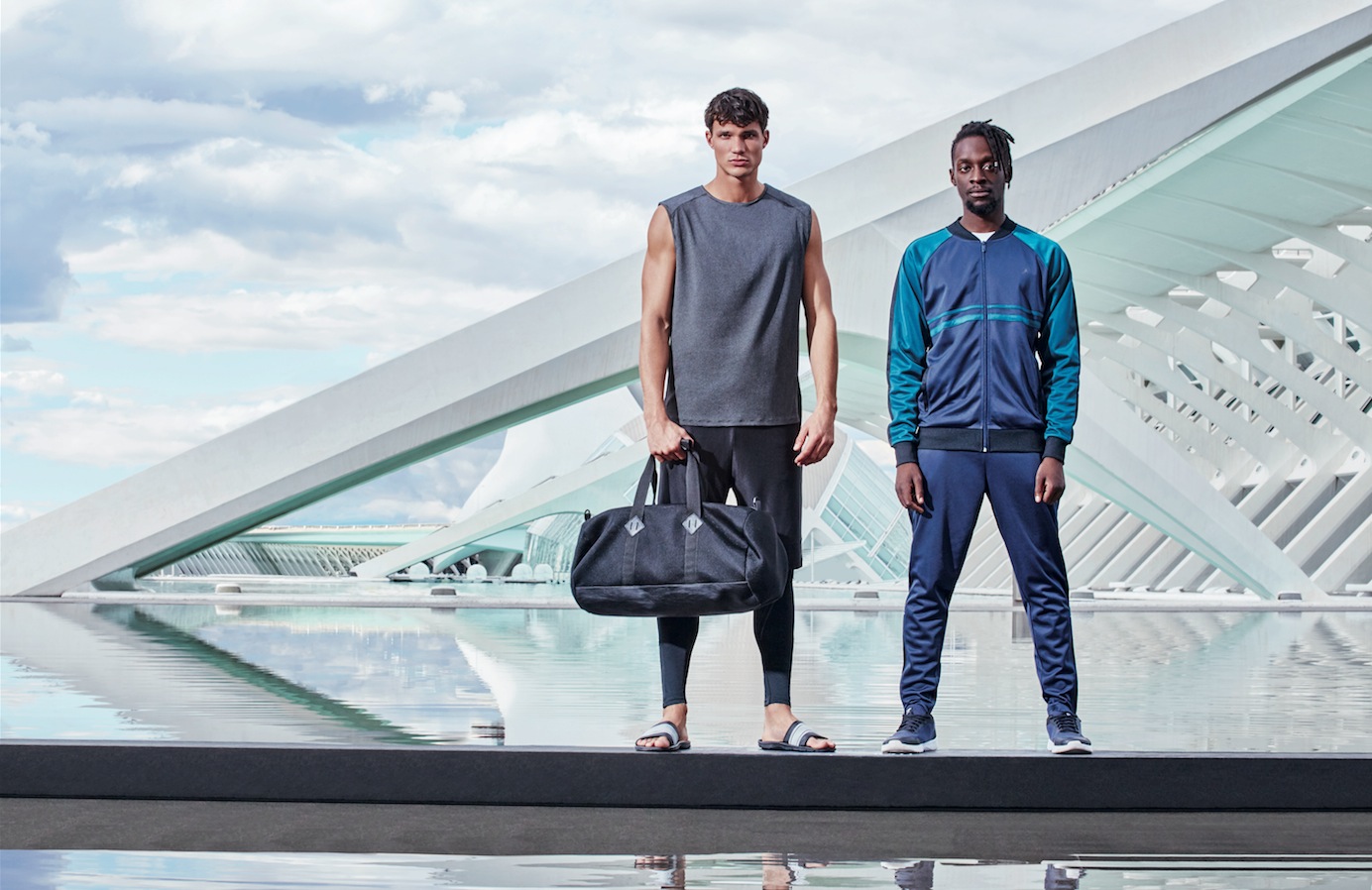 WORKOUT MENS - Left- tank top, €12 $14, athleisure short, €14 $16, leggin, €12 $14, stripe slider, €6 $7 Right- Performance tee, €4.50 $6, polytricot jogger, €12 $14